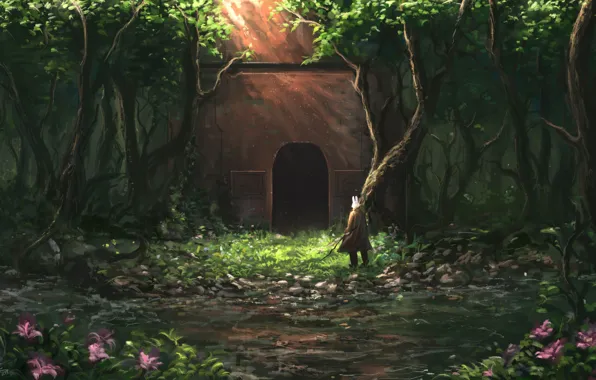 Картинка grass, fantasy, forest, trees, flowers, man, tunnel, artist