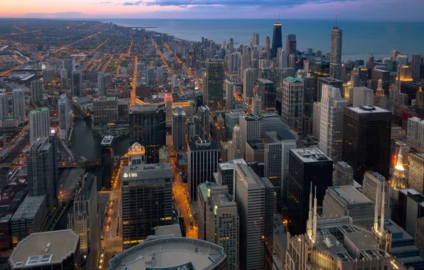 Картинка город, вечер, Чикаго, Chicago, Иллиноис, панорамма