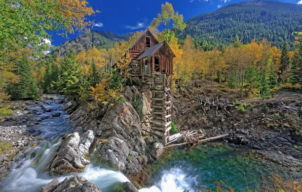 Осень, деревья, горы, река, ручей, Колорадо, США, Crystal Mill