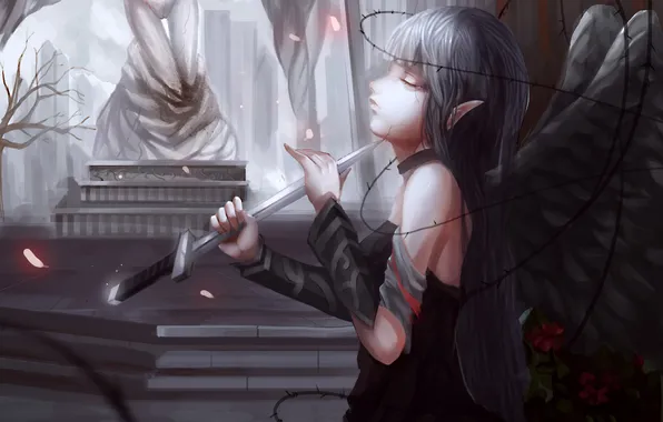 Картинка цветы, Девушка, крылья, меч, терновые ветки