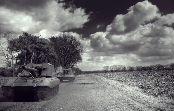 Картинка облака, Германия, арт, танки, артиллерия, САУ, WoT, черно белая