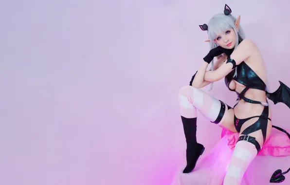 Girl, sexy, lingerie, pantsu, cleavage, panties, thighhighs, horns