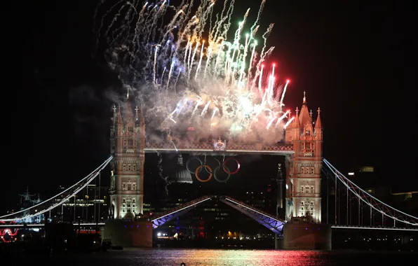 Ночь, салют, Великобритания, фейерверк, Тауэрский мост, Лондон 2012, London 2012, Церемония открытия Олимпийских игр