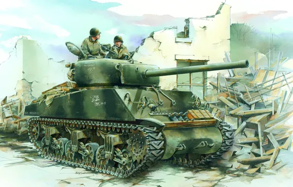Рисунок, танк, вторая мировая война, шерман, танкисты, sherman