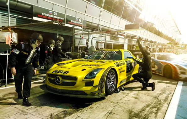 Картинка Mercedes-Benz, Race, AMG, SLS, GT3, Yellow, Team, Russian