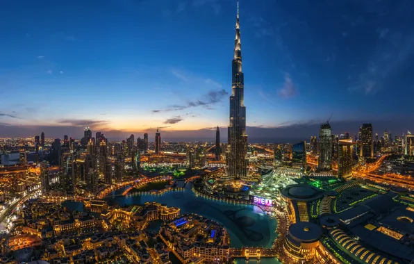 Картинка город, огни, вечер, Дубай, Dubai, ОАЭ, башня Бурдж-Халифа