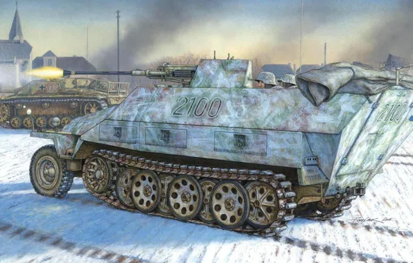 Картинка зима, война, рисунок, бой, Sturmgeschütz, Flak 38, самоходная зенитная установка, StuG III