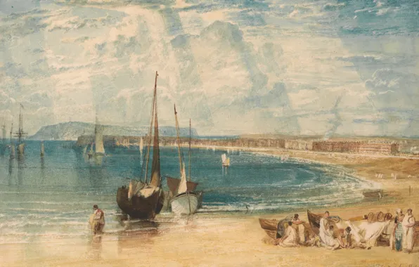 Картинка море, пейзаж, люди, берег, картина, лодки, акварель, парус