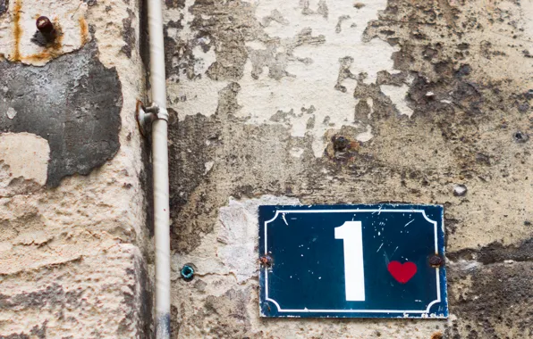 Wall, heart, sign, number 1
