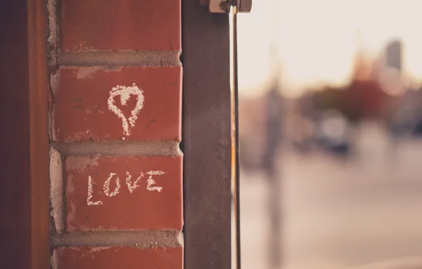 Стена, надпись, сердце, кирпич, сердечко, мел