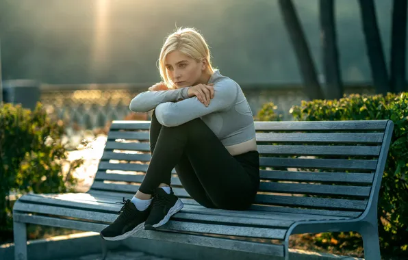 Trees, park, model, women, bench, blonde, sitting, leggings