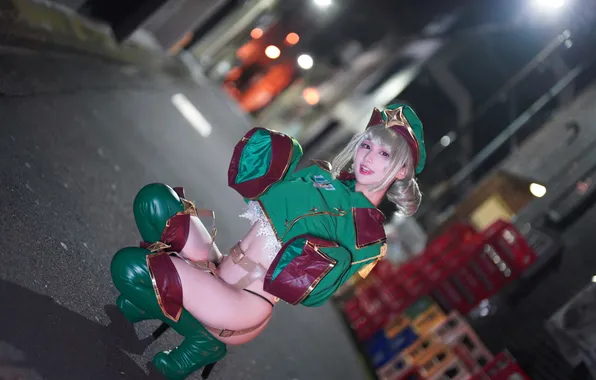 Картинка legs, women, cosplay, outdoors, looking at viewer, thigh high boots, whole body, bottomless
