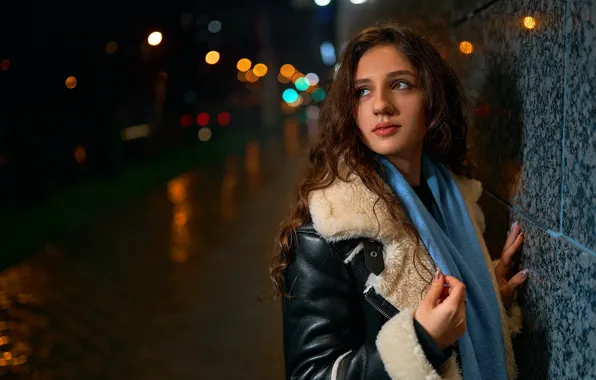 Девушка, night, model, street, women, bokeh, brunette, scarf