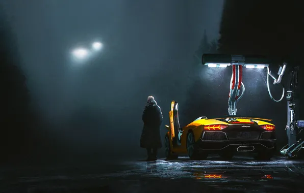 Авто, Туман, Ночь, Рисунок, Желтый, Lamborghini, Человек, Машина