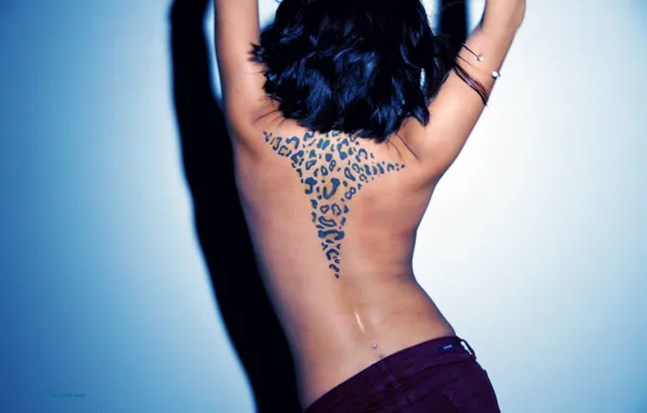 Girl, leopard, woman, model, tattoo, purple, piercing, back