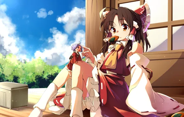 Небо, девушка, бант, сидит, чиби, Touhou, Тохо, Тоухоу