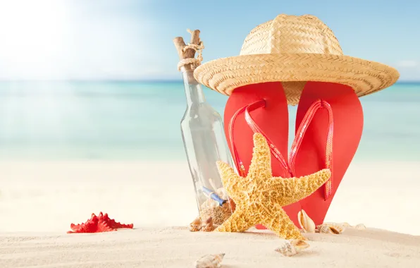 Картинка песок, море, пляж, лето, солнце, шляпа, summer, beach