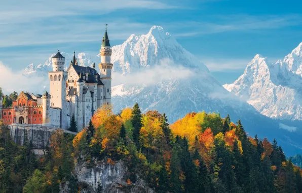 Картинка осень, лес, небо, облака, деревья, горы, замок, Германия
