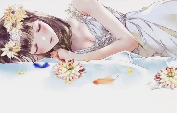 Девушка, цветы, сон, венок, лежа