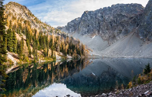 Горы, озеро, отражение, Голубое озеро, Вашингтон, Washington, Каскадные горы, North Cascades National Park