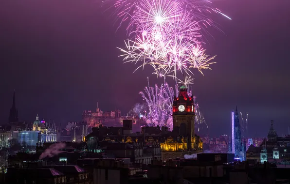 Ночь, Город, Шотландия, Scotland, Эдинбург, Edinburgh, Фейерверк, Fireworks