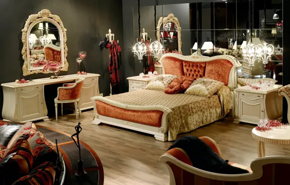 Дизайн, стиль, кровать, интерьер, подушки, зеркало, спальня