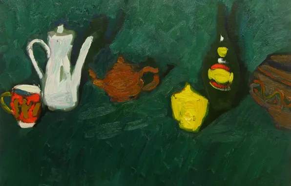 Лимон, бутылка, 2008, чайник, кружка, натюрморт, тёмно-зеленый фон, Петяев