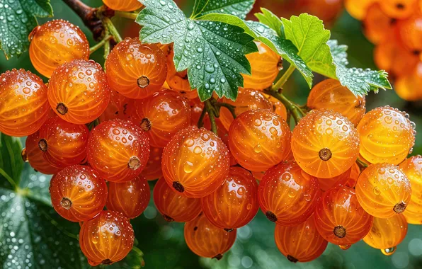Картинка ягоды, листва, смородина, капли росы, Смородина красная