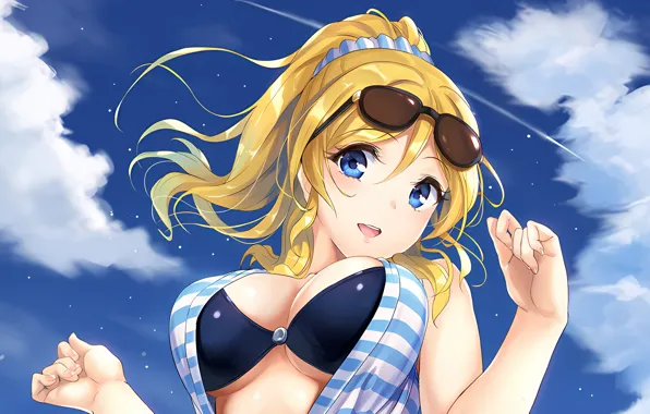 Girl, sexy, cleavage, sky, long hair, boobs, anime, blue eyes