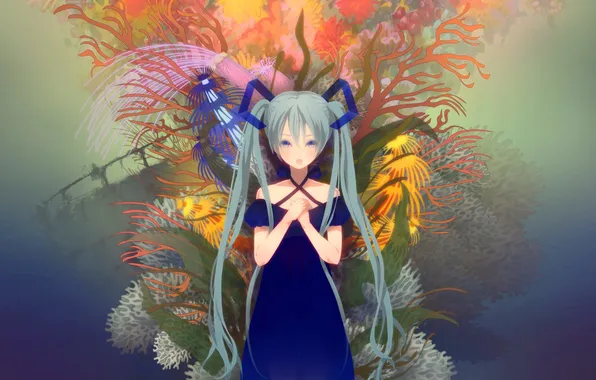 Картинка девушка, цветы, ленты, ветви, арт, vocaloid, hatsune miku, вокалоид