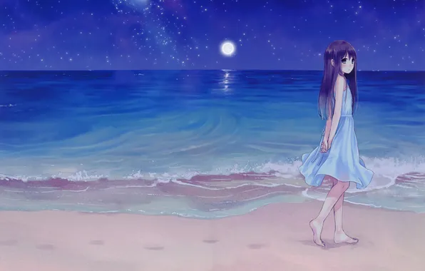 Море, пляж, девушка, ночь, луна, аниме, платье, арт