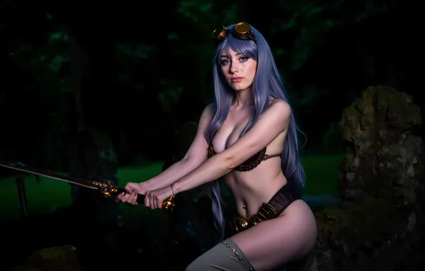 Картинка sword, fantasy, photography, woman, night, purple eyes, cosplay, digital art