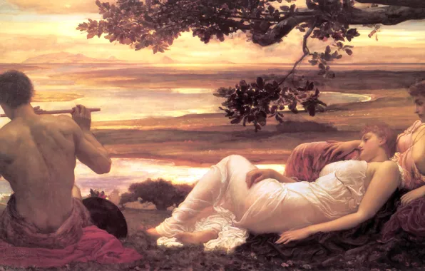 Картинка женщины, река, дерево, мужчина, флейта, античность, Idyll, Frederic Leighton