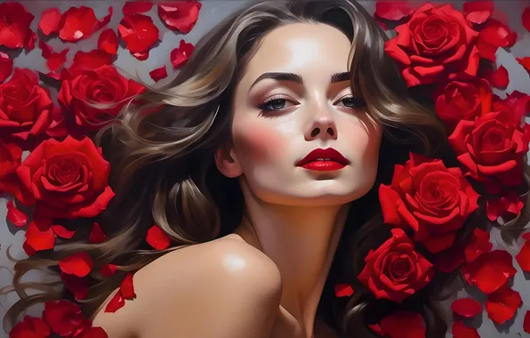 Взгляд, девушка, цветы, рисунок, портрет, розы, букет, картина