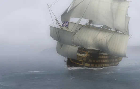 Картинка море, волны, туман, графика, арт, линейный корабль, ВМФ Великобритании, &ampquot;Виктория&ampquot;