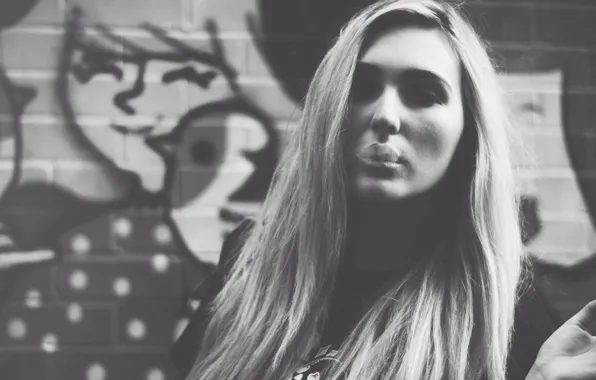Girl, graffiti, smoke, woman, model, bokeh, black and white, blonde