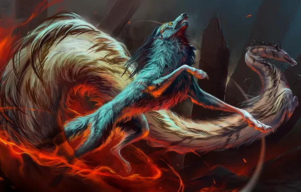 Картинка движение, скалы, огонь, дракон, волк, fire, rocks, wolf