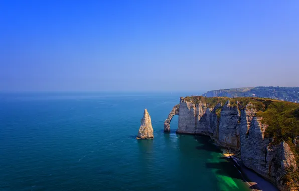 Берег, Франция, горизонт, утес, голубое небо, Etretat, Этрета, sморе