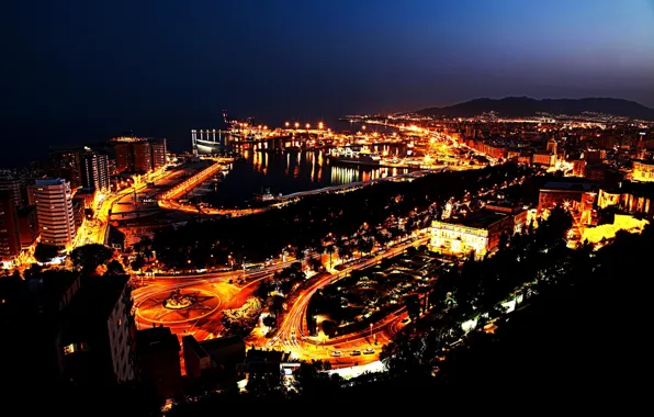 Картинка машина, город, огни, океан, улица, дома