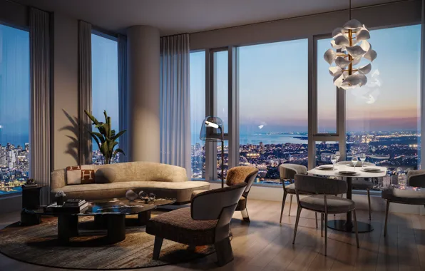 Стиль, интерьер, Канада, Торонто, ночной город, мегаполис, гостиная, Toronto