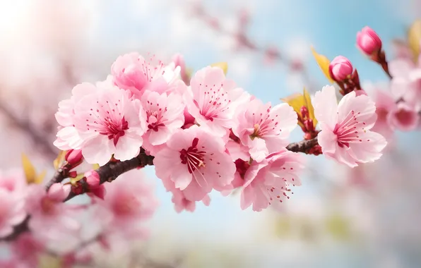 Солнце, цветы, весна, sunshine, цветение, pink, blossom, flowers