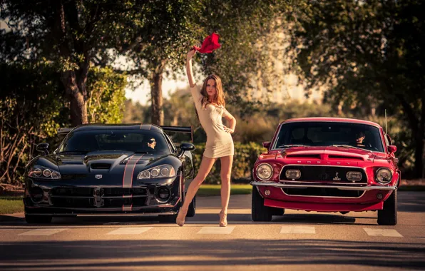Девушка, Mustang, Ford, Модель, флаг, Dodge, red, мускул кар
