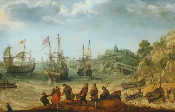 Масло, картина, 1621, Adam Willaerts, Корабли у Скалистого Берега, Адам Виллартс