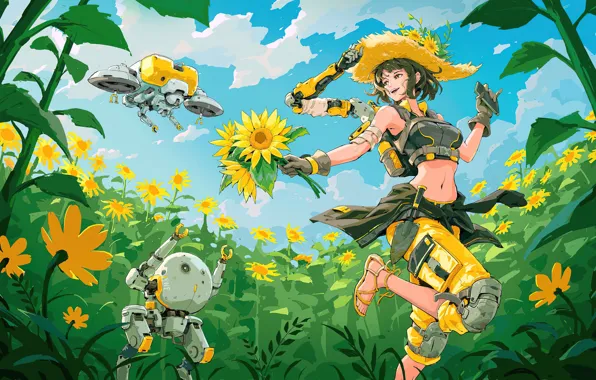 Лето, подсолнухи, аниме, summer, robot, аниме девушка, future art, anime art