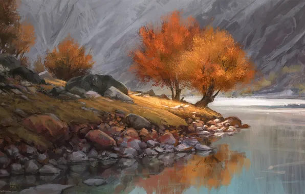 Картинка осень, деревья, горы, озеро, река, одиночество, камни, берег