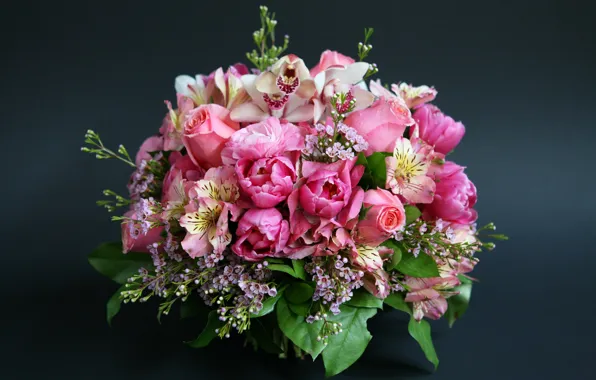Розы, букет, тюльпаны, орхидеи, beautiful, Roses, Tulips, альстромерия