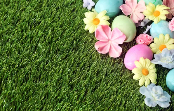 Трава, цветы, Пасха, flowers, spring, Easter, eggs, decoration