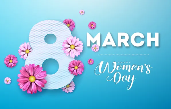 Картинка цветы, розовые, happy, 8 марта, pink, flowers, голубой фон, женский день