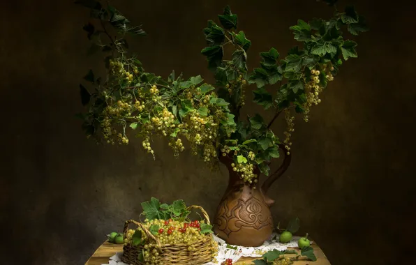 Ветки, ягоды, стол, яблоки, букет, белая, кувшин, натюрморт