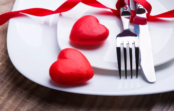 Нож, сердечки, red, вилка, romantic, hearts, Valentine's Day